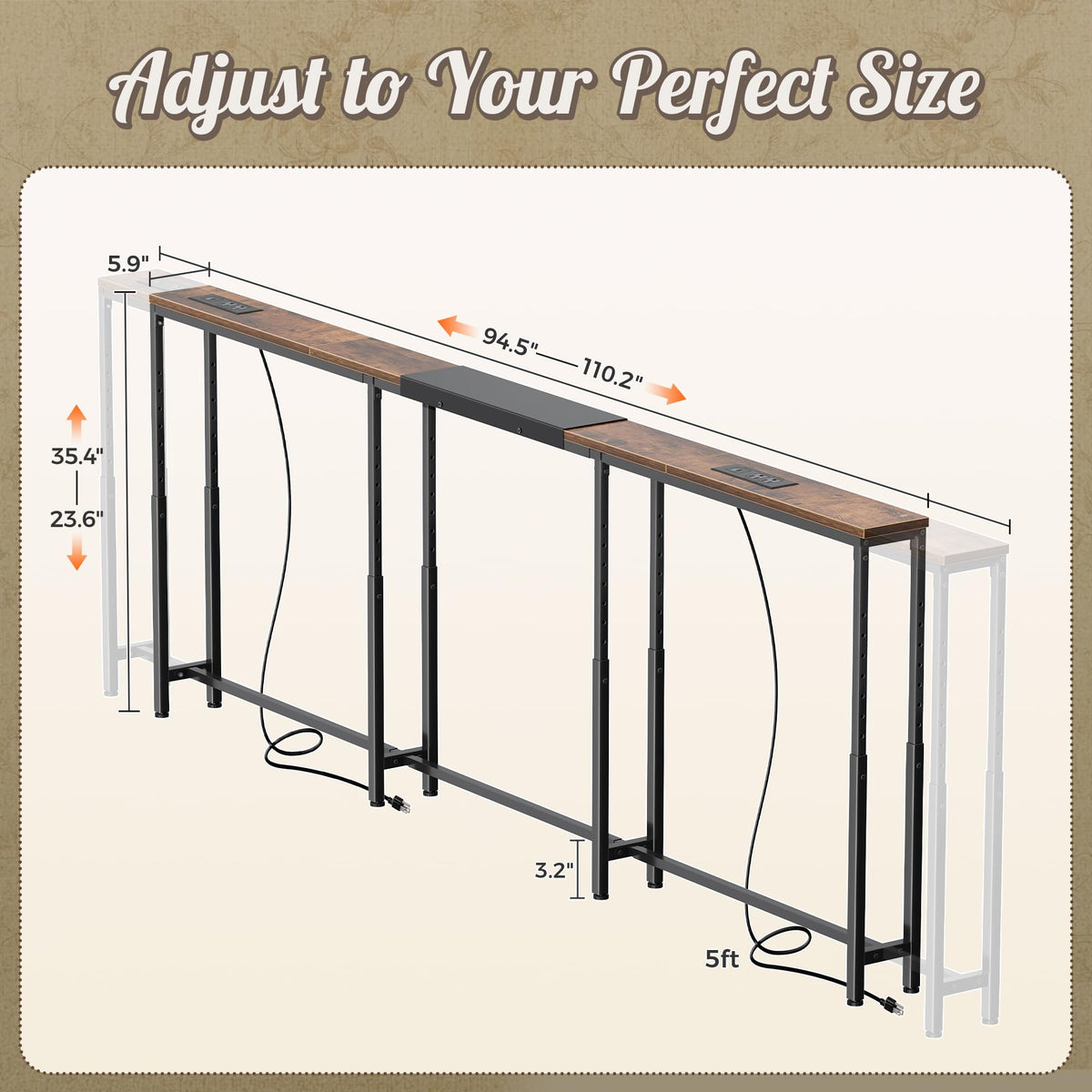 Narrow Console Table with Power Outlets & USB-C, Rustic Brown
