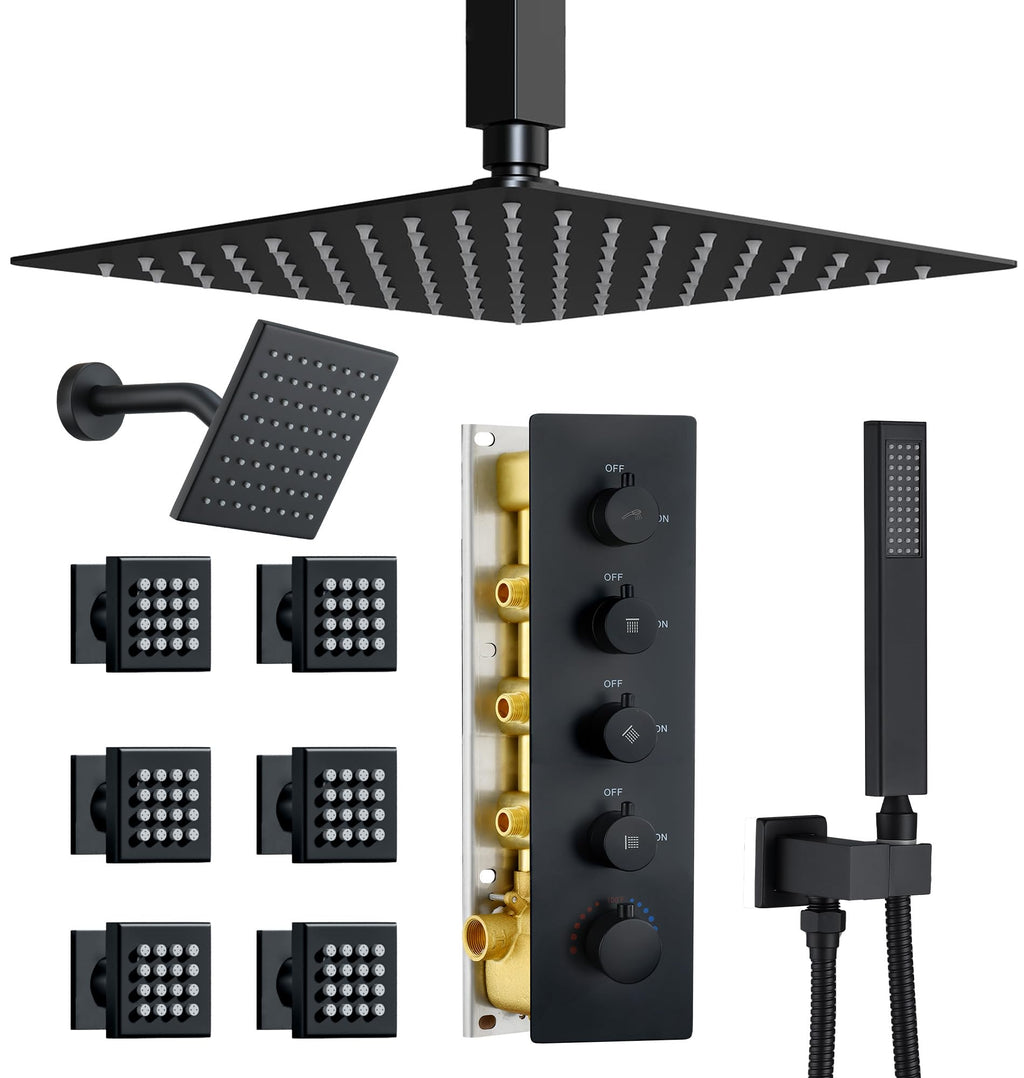 Thermostatic Dual Shower Head System with 6 Body Jets, 6-Inch Shower Head & 16" Rainfall Shower, Luxury Matte Black