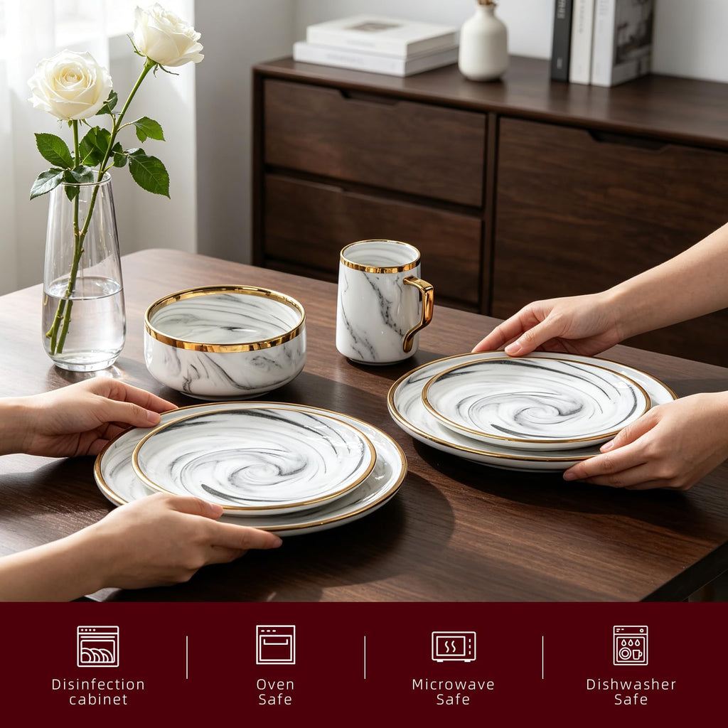 16 Piece Plates and Bowls Sets, Fine China Artisan Marbled Dinner Set for 4, Dishwahser Safe, Scratch Resistant, Grey