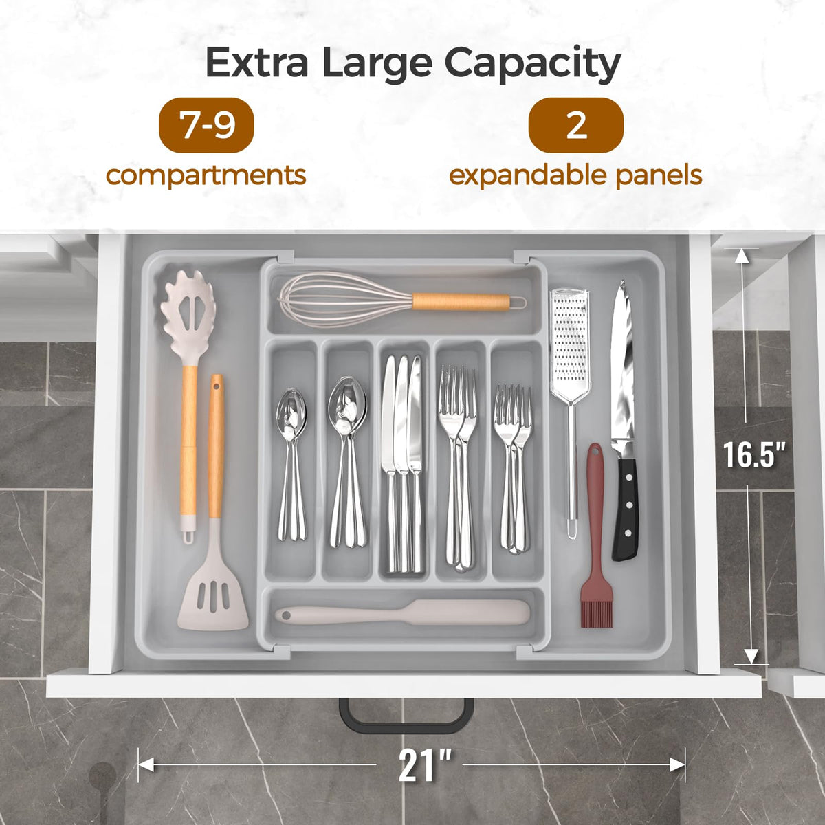 Extra Large Expandable Silverware Organizer, Flatware Tray,Gray