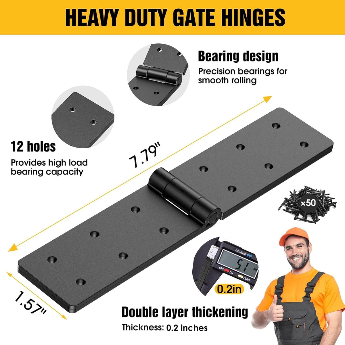 Fence Gate Hinge Heavy Duty 6Pack, 270 Degree Barn Door Hardware Kit for Gates, Double Layer Design, Adjustable Outdoor
