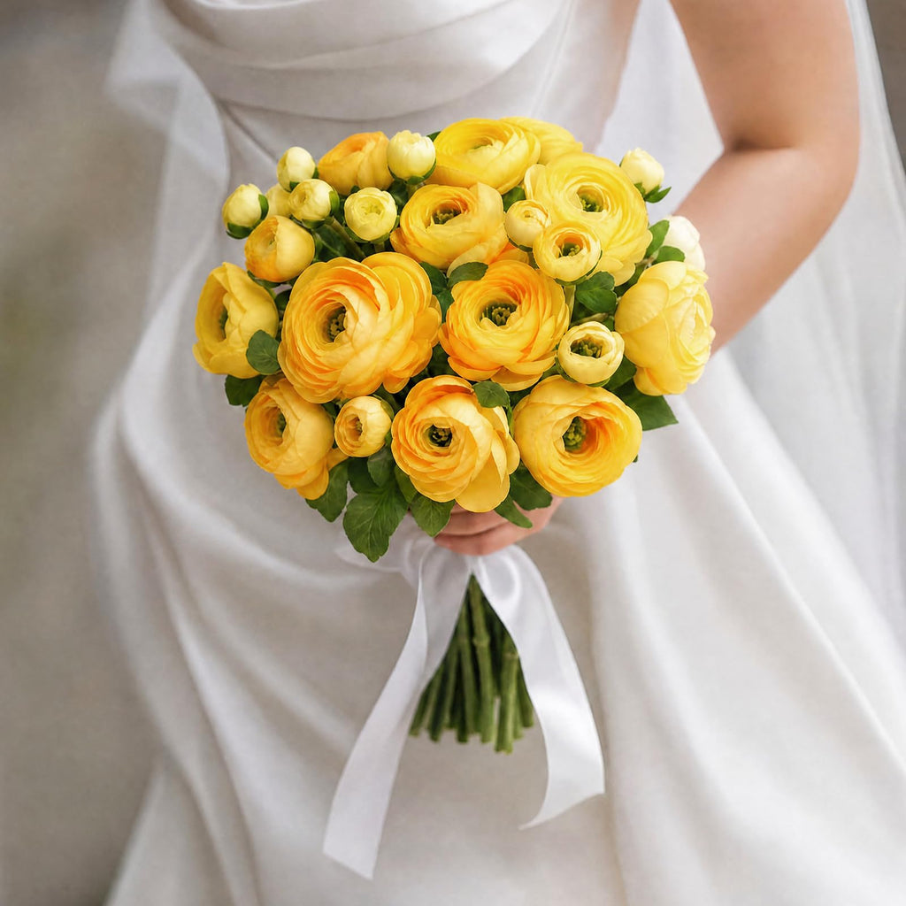 4 Pcs 7 Heads Artificial Ranunculus Flowers 18.5" Yellow Velvet Flocked Fake Ranunculus Faux Silk Flower Bouquets