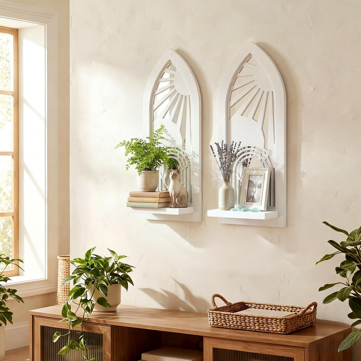 2 Set Rustic Candle Sconces Living Room Bedroom Entryway Wood Mirrored, Farmhouse, Carved Frame Wall-Mount Wooden