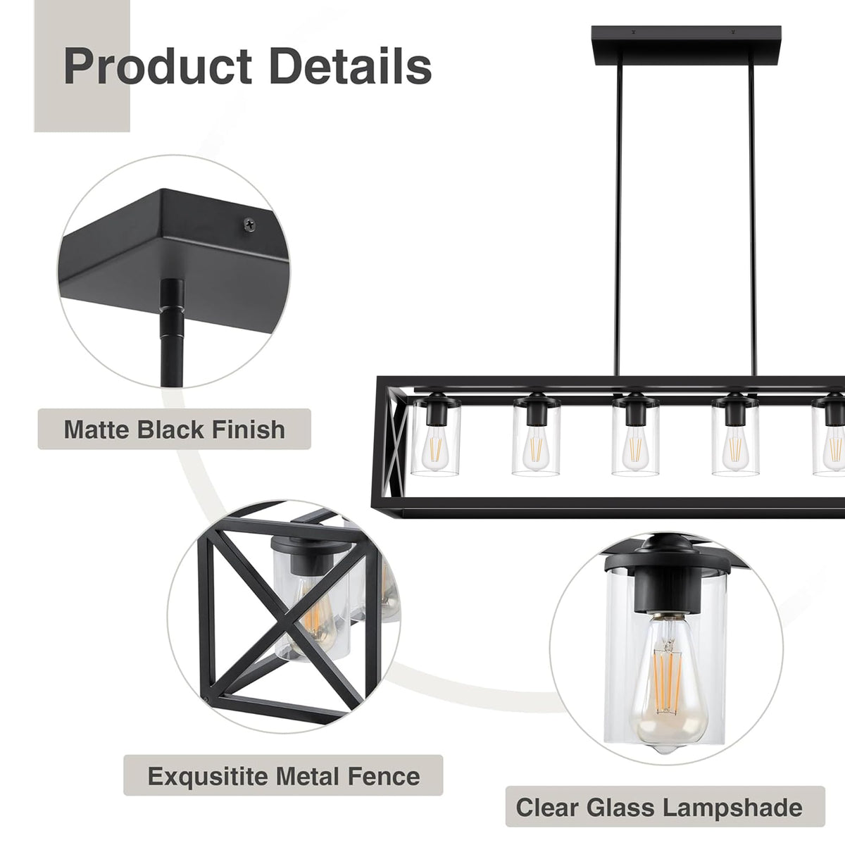 Farmhouse Dining Room Light Fixture - 6 Light Kitchen Island Lighting with Adjustable Height & Thickened Metal Dining
