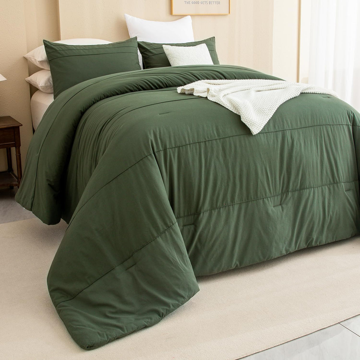 Olive Green Comforter 120"x120", Cotton Pleated Dark Green Bedding Comforter Set, 3 Pieces Lightweight