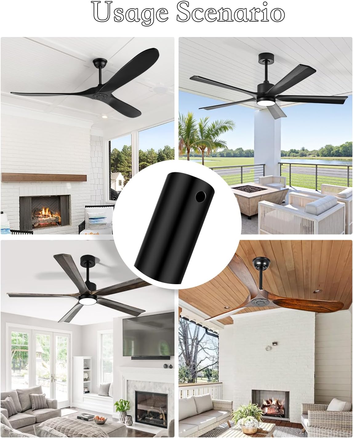 36" Ceiling Fan Extension Downrod, 3 ft, Matte Black, Non-Threaded