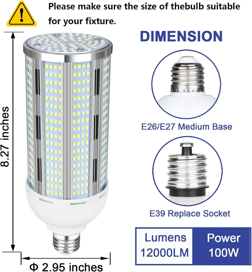 100W LED Corn Bulb 2 Pack, 12000 Lumens Super Bright Light, 5000K Daylight White LED Corn Light Bulb, E26/E39 Mogul