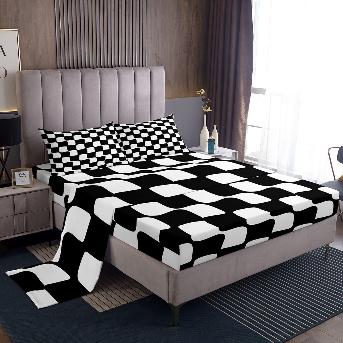 Checkered Grid Bed Sheets Set Buffalo Plaid Deep Pocket Fitted Sheet Black White Bedding Sets Geometric