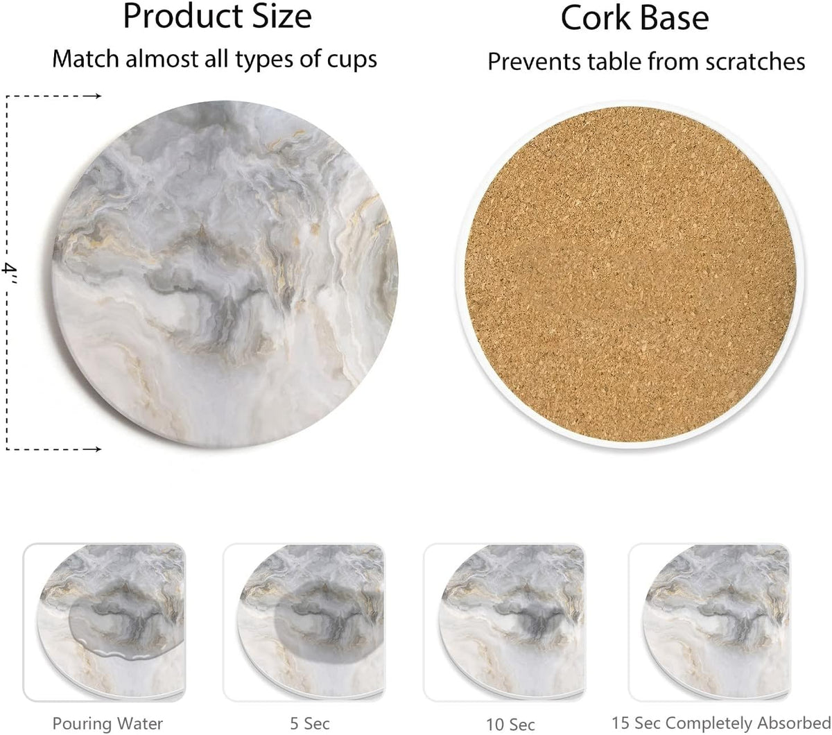 Abstract Gray White Marble Coasters with Holder, Absorbent Ceramic Coasters for Drinks, Coasters with Cork - Set of 6