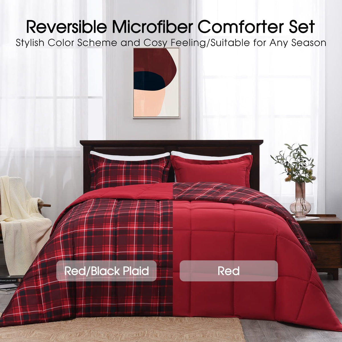 Comforter Set - Red and Black Buffalo Plaid Comforter Set Down Alternative Bed Comforter Set for