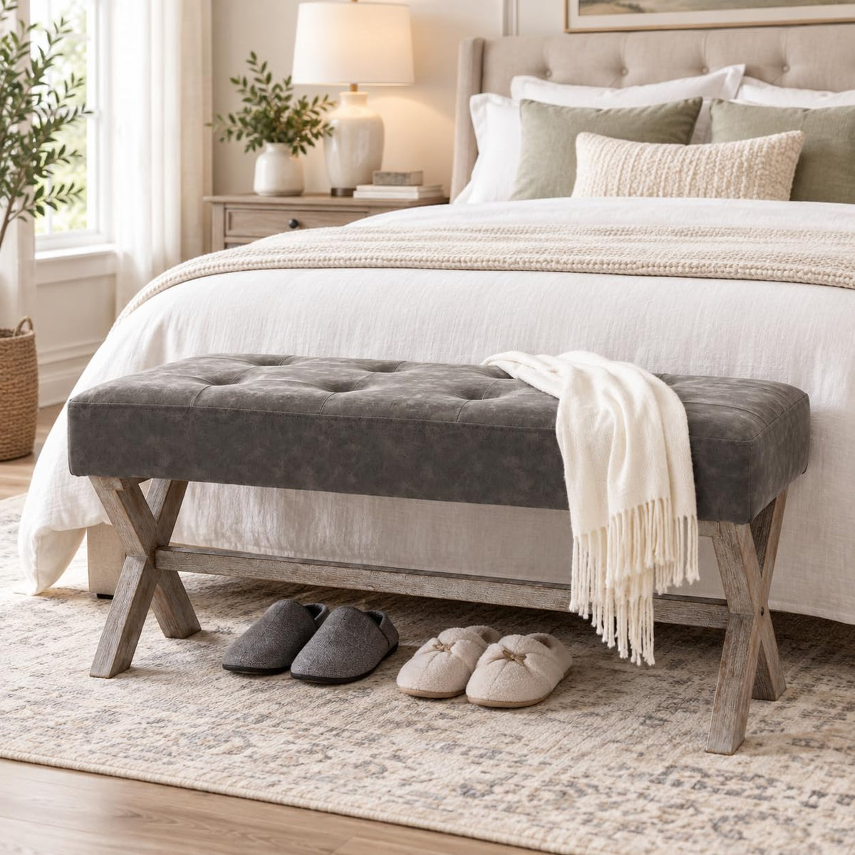 36" PU Leather Farmhouse Entryway Bench End of Bed Bench, Gray