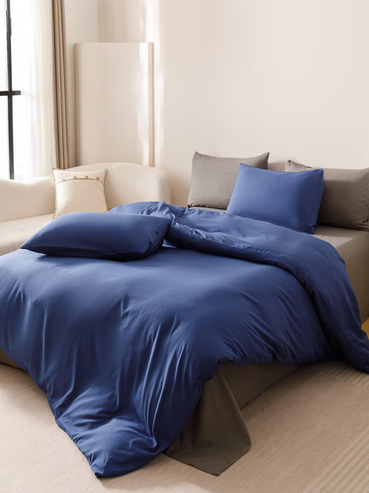 Royal Blue Comforter Set Neutral Navy Bedding Vintage Japanese Style Solid Blue Farmhouse Bed Sets