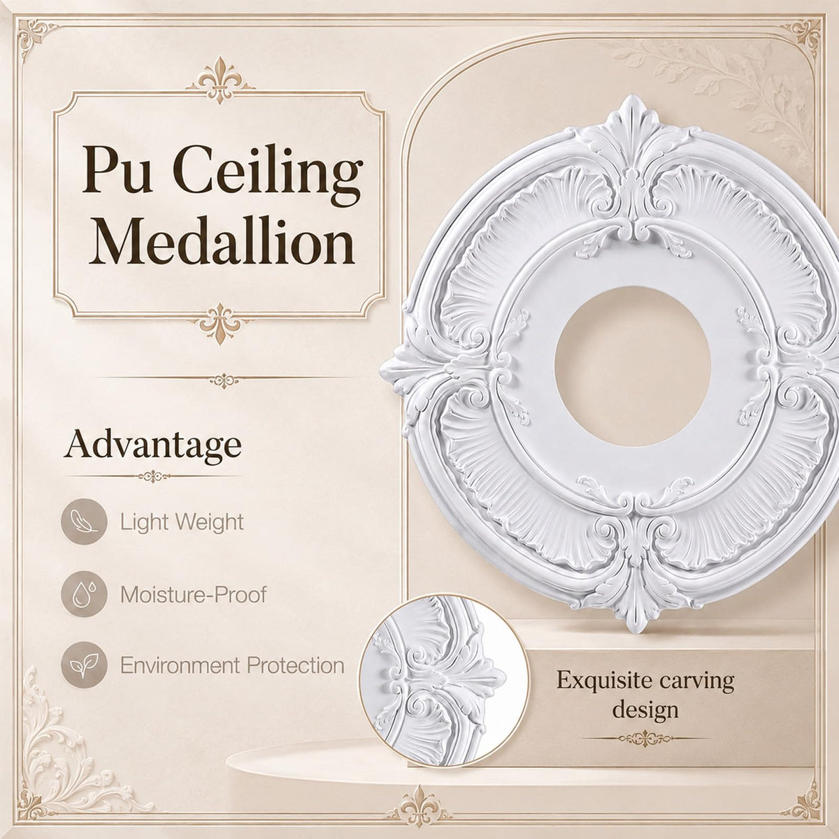 2 Pcs PU Ceiling Medallion Decorative Round Home Lighting