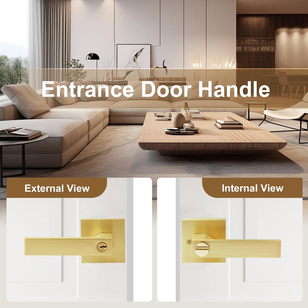 Golden Polished Brass Door Lever with Lock and Keyed