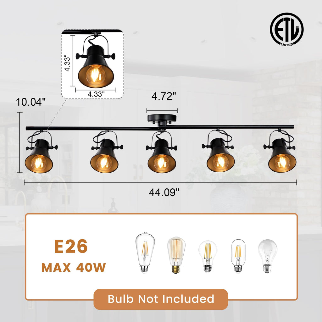 44" Farmhouse Track Lighting Fixtures Ceiling Black Track Light 5 Light