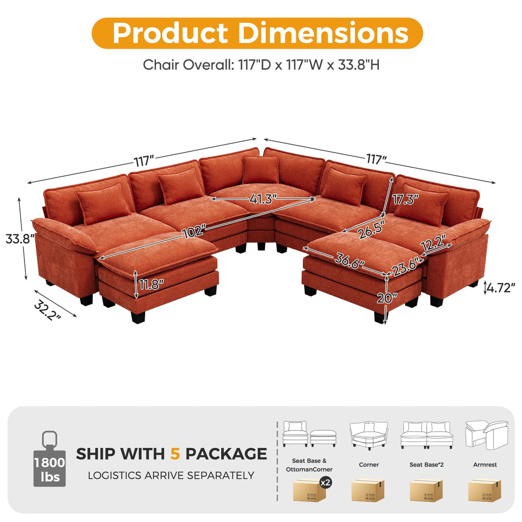 117" V Shaped Modern Modular Sectional Sofa, Cloud Couch with 2 Ottomans, 7-Seat Chenille Deep Seat Sofa with 5