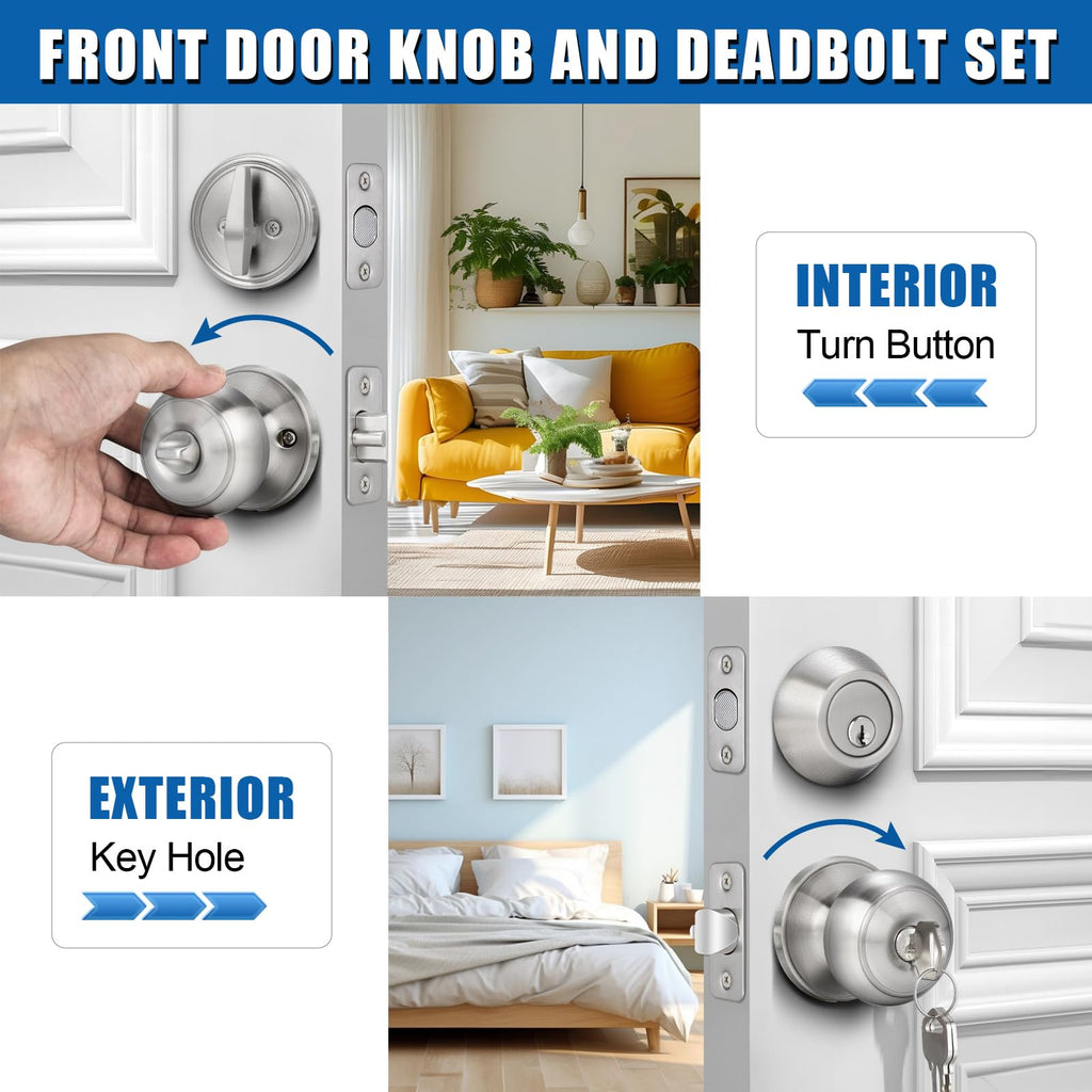 2 Sets Entry Door Knob and Single Cylinder Deadbolt Combo Set, Keyed Alike