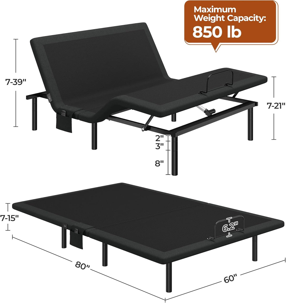 Queen Adjustable Bed Frame,w/Wireless Remote,Massage Function,Nightlight,4 Height-Adjustable Legs,Head & Foot