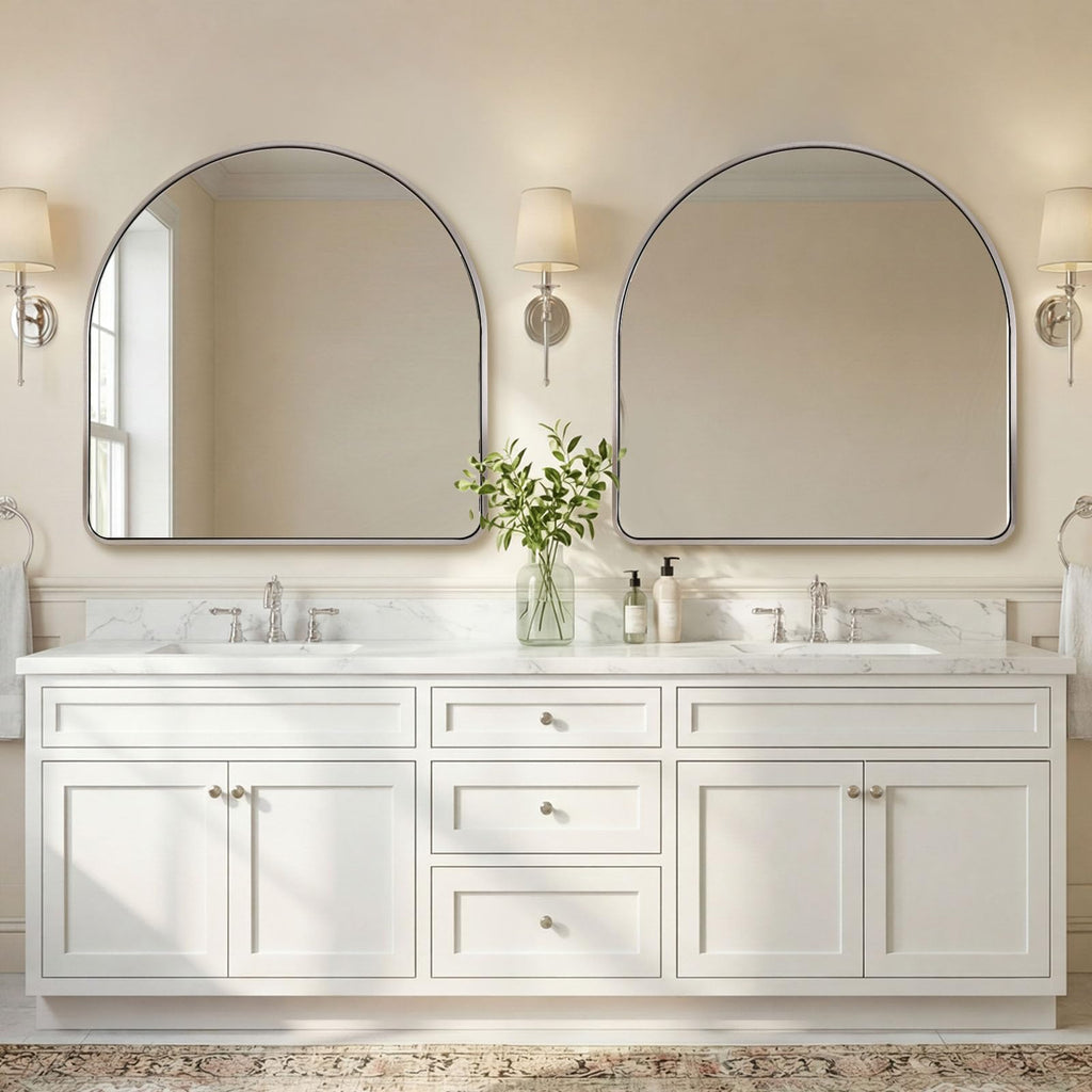 Brushed Nickel Arched Mirror, 30x30'' Arch Wall Mirror, Arch Bathroom Mirror Rustproof Metal Frame 1'' Deep Set Wall