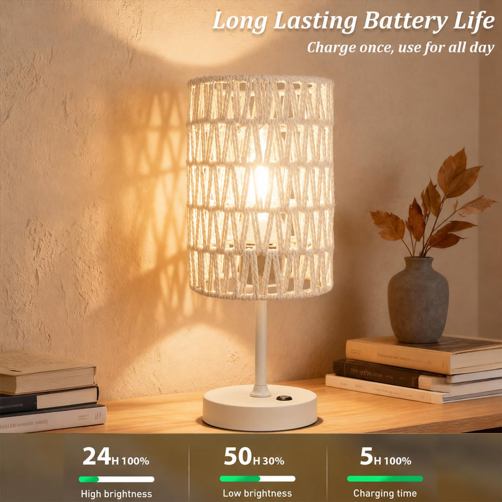 Boho Cordless Outdoor Table Lamps, Rechargeable Battery Operated Rattan Table Lamps, Stepless Dimmable, for Covered