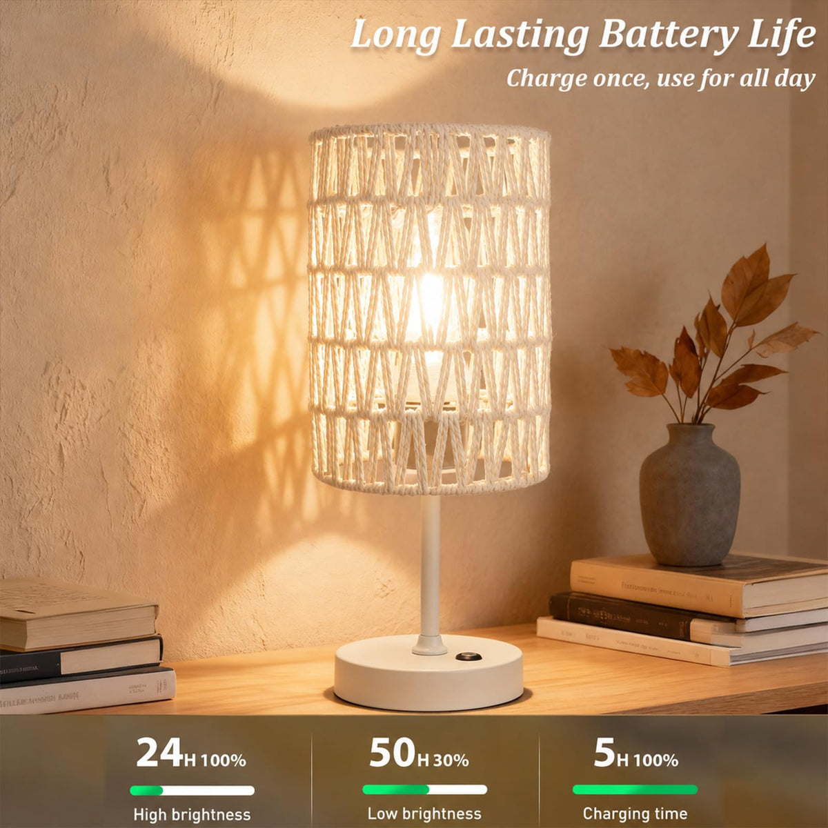 Boho Cordless Outdoor Table Lamps, Rechargeable Battery Operated Rattan Table Lamps, Stepless Dimmable, for Covered