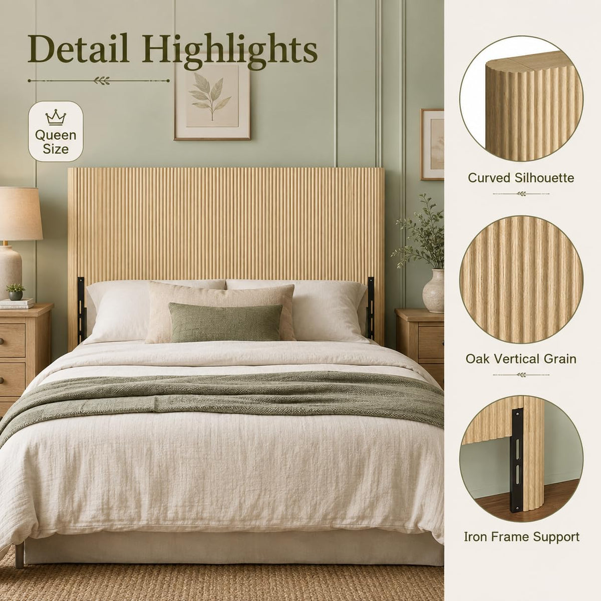Oak Wood Headboard Only, Farmhouse Fluted Head Board, Bohemian Style Bed Frame Headboards, Arched