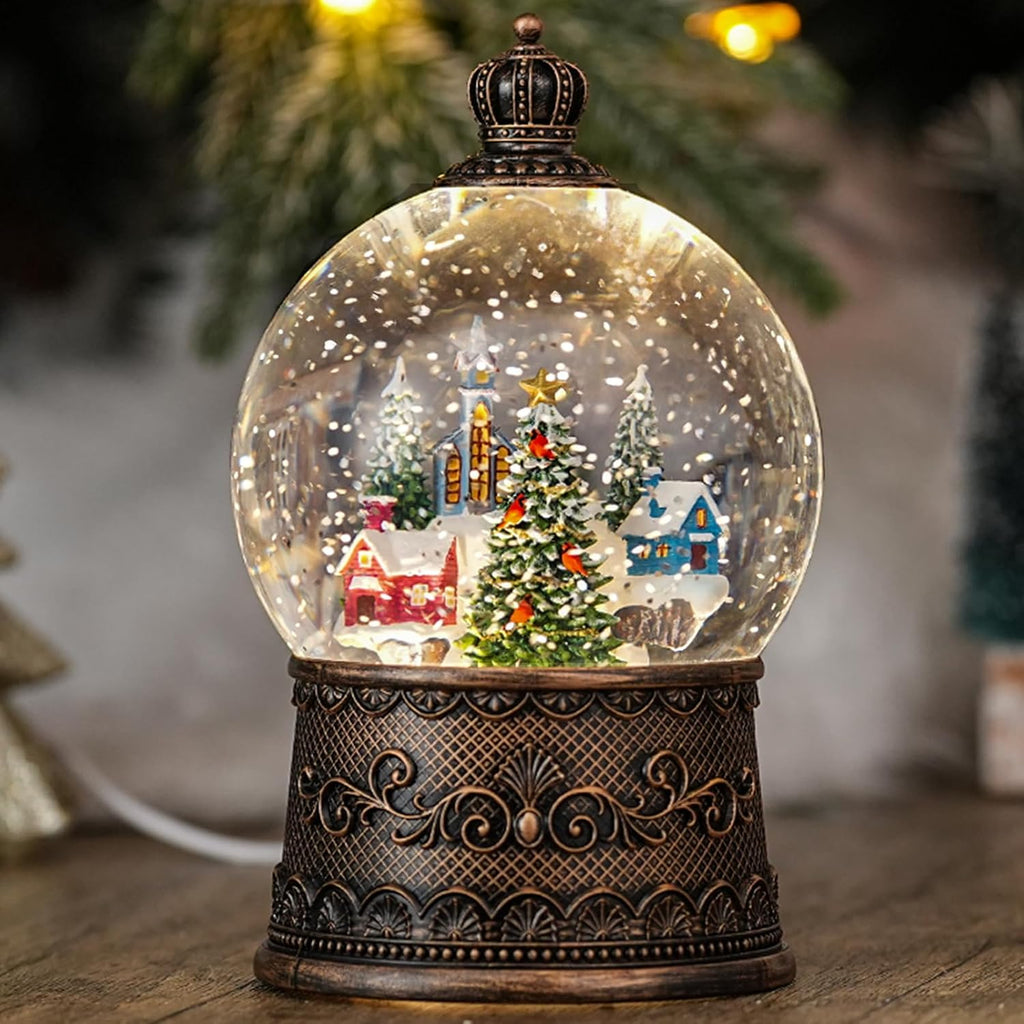 Snow Globe with Christmas Tree & Village, Light Up Christmas Snow Globes with Music Timer - USB Plug or Battery