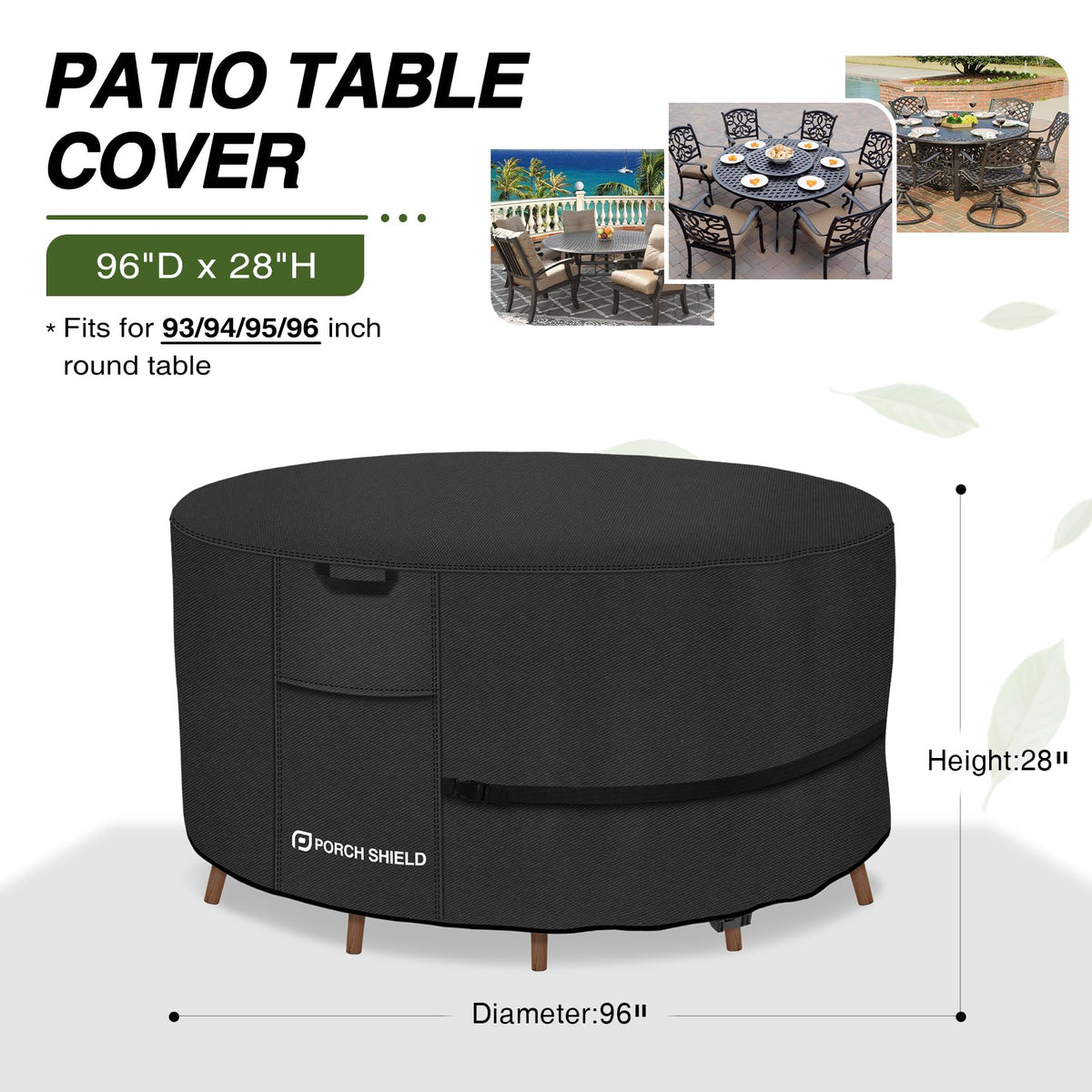 Waterproof 600D Round Patio Table Cover 96 inch, Black