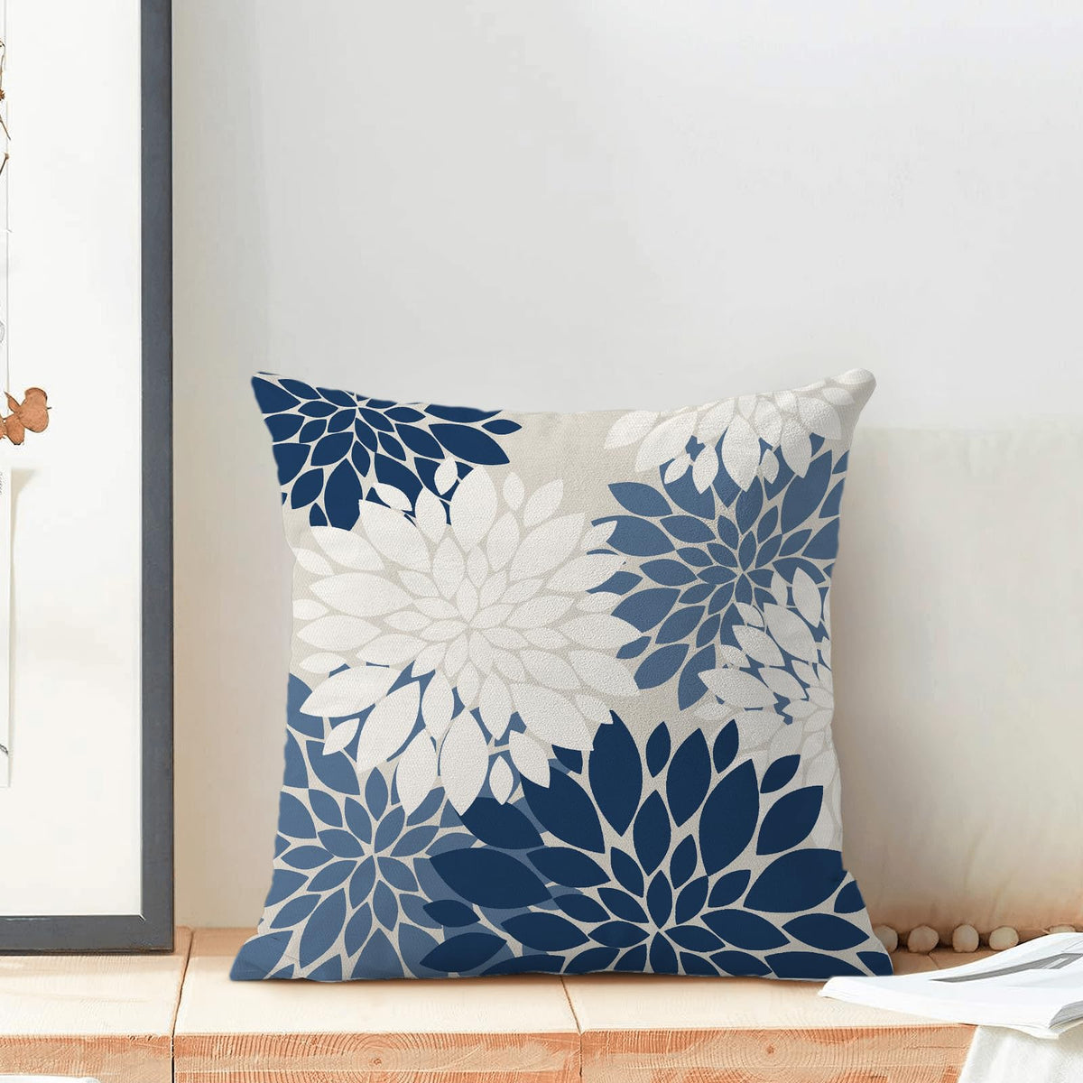 Navy Blue White Summer Outdoor Pillow Covers 24x24 Inch Set of 2 Dusty Blue Dahlia Floral Decor Throw Pillows Modern