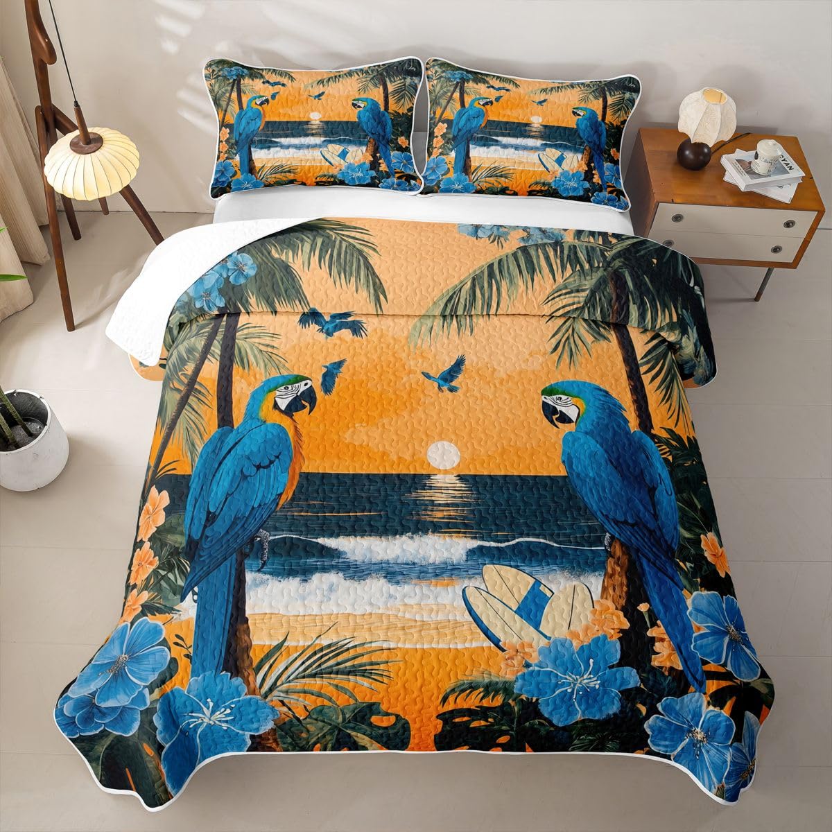 Parrot Quilts for Bed Tropical Plant Birds Bedspreads Soft Bed Summer Lightweight Comforter Palm Tree Pattern