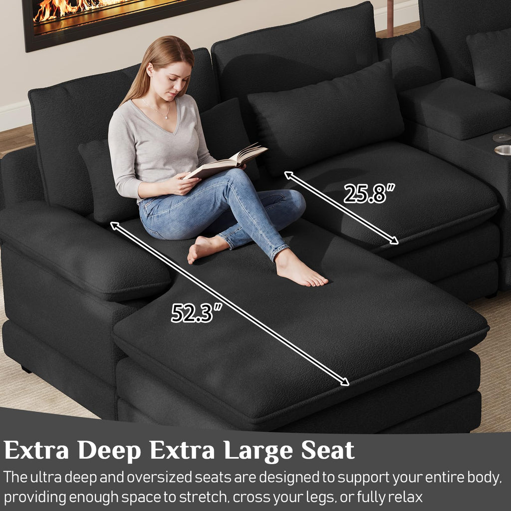 132" U Shaped Cloud Sectional Couch with USB Port, Black