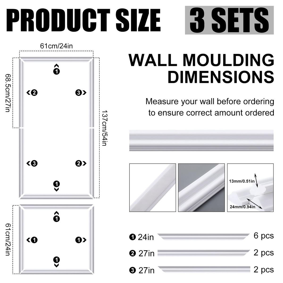3set Peel and Stick Wall Molding Kit 3D Premade, 24x54in
