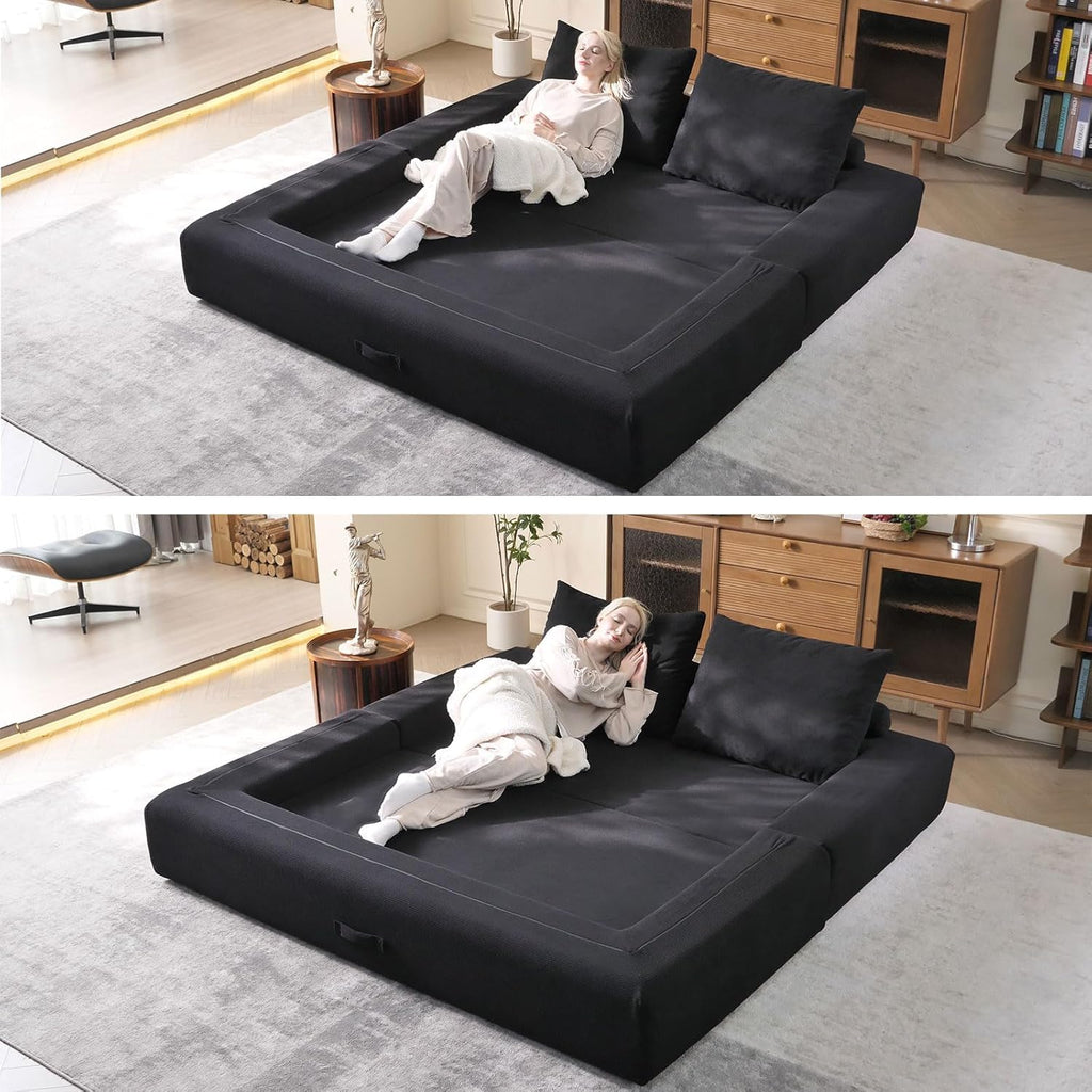 79'' Convertible Sleeper Sofa Bed, 3-in-1 Foldable Floor Couch with Corduroy Upholstery, No Assembly Loveseat, Light