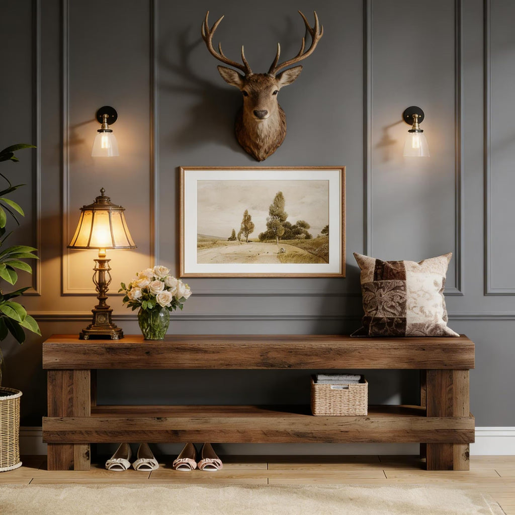 59 Inch Entryway Bench with Shoe Storage Shelf, 2-Tier Shoe Seat with 3.35 Inch Thickened Top, Long Farmhouse End of