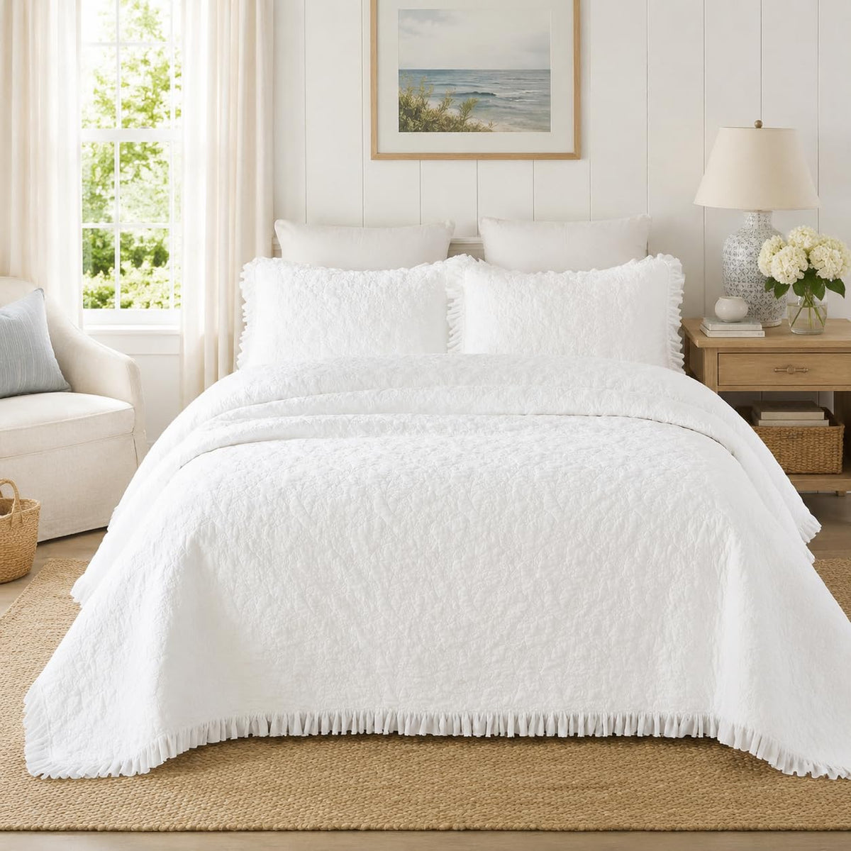 White Quilts Cotton Matelasse Coverlet Set Cottagecore Bedding Ruffle Bedspread Set 3-Piece