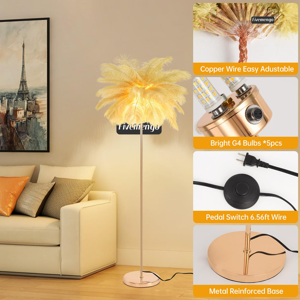 Inspired Arco Style Feather Floor Lamp, Fluffy Ostrich Feathers Lamp, Rose Gold Color Body, 3 Color Temperatures Modern Funky Arc Tall