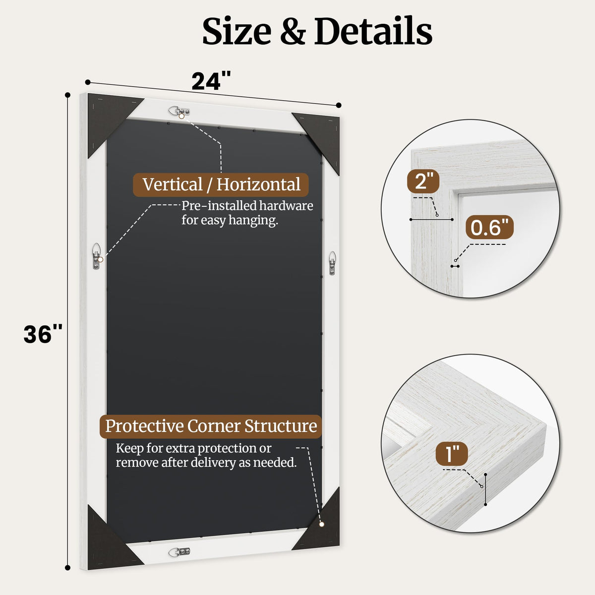 Distressed White 24x36 Inch Wood-Grain Rectangular Wall Mirror