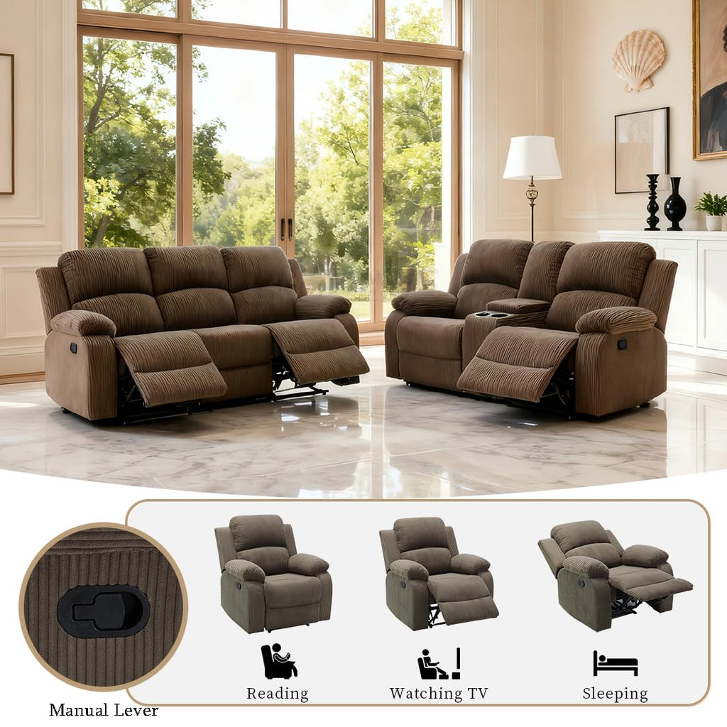 Reclining Sectional Sofa Set with Cup Holders, 2PCS Living Room Furniture Sets, Corduroy Recliner Sectional Sofa Set