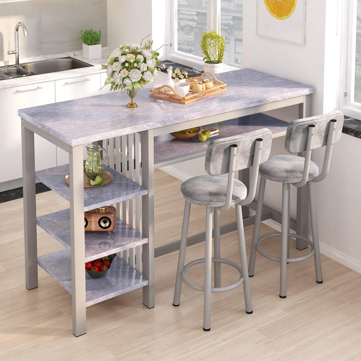 3-Piece Bar Table and Chairs Set, Modern Gray Table with 2 PU Cushion Bar Stools, Kitchen Counter with 3 Tier Storage