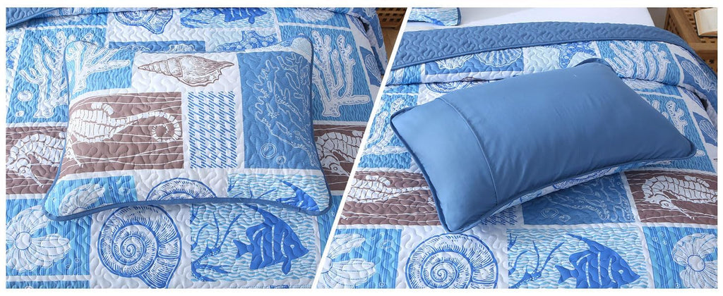 Coastal Quilt Set, Beach Coverlet Blue Starfish Coral Seashell Bedspread, Ocean Beach Themed Bed Cover