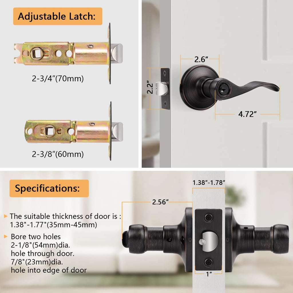 Keyed Alike Bronze Door Handle, Oil Rubbed Bronze Wave Style Entry Door Handles, Door Levers Lockset for Interior and