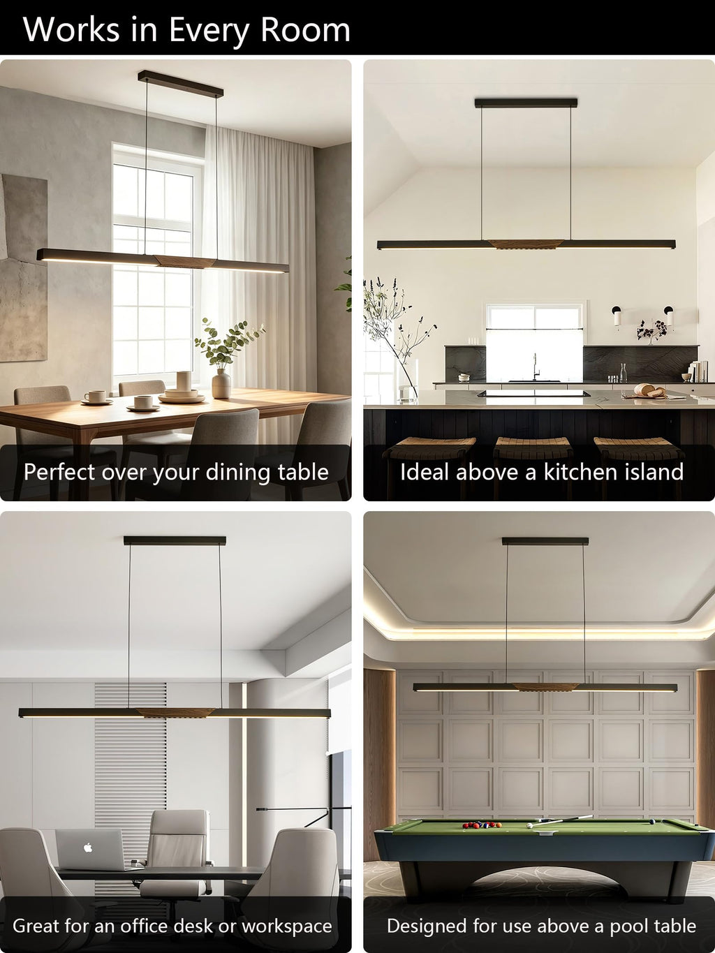 94′′ Black Linear Pendant Light - Dimmable High Output LED, Modern Black Finish with Walnut Wood Grain Accent, 8ft