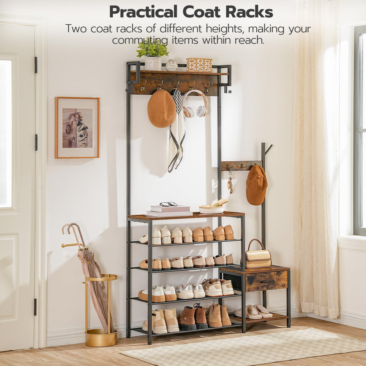 Hall Tree, Entryway Coat Rack Shoe Bench, Shoe and Coat Rack, Hall Tree Coat Rack, with Non-Woven Fabric Drawer, for