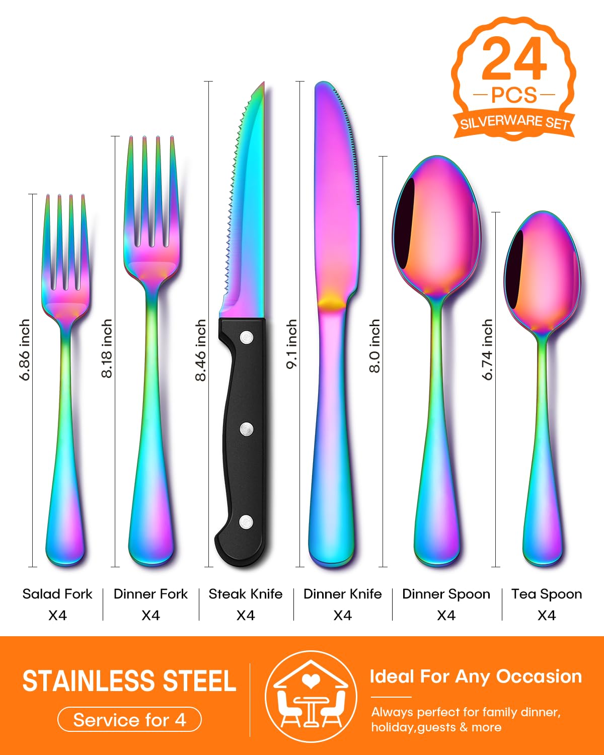 24 Piece Rainbow Silverware Set with Steak Knives Stainless Steel Flatware Set for 4 Cutlery Utensil Set Mirror