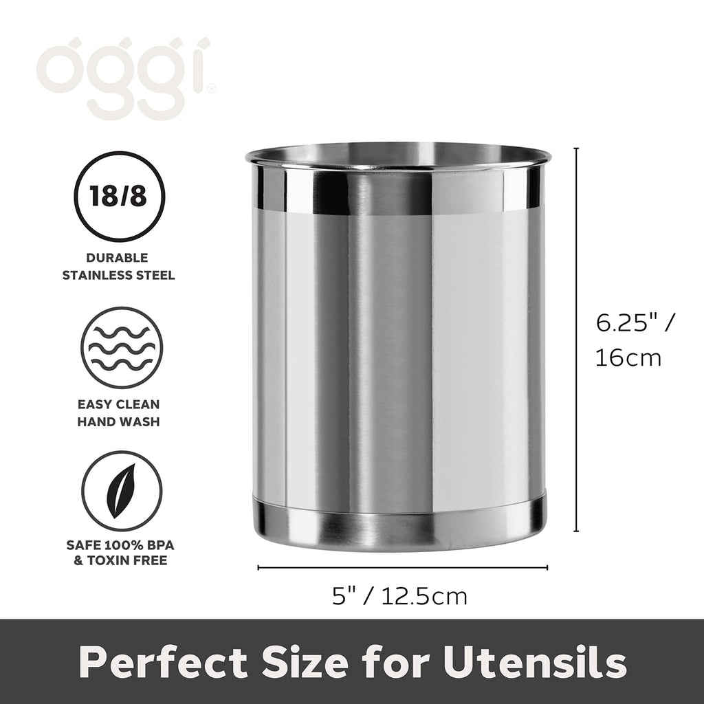 Stainless Steel Utensil Holder - 5" Diameter, Utensil Caddy, Weighted Base for Stability - Larger-Sized Utensil Crock