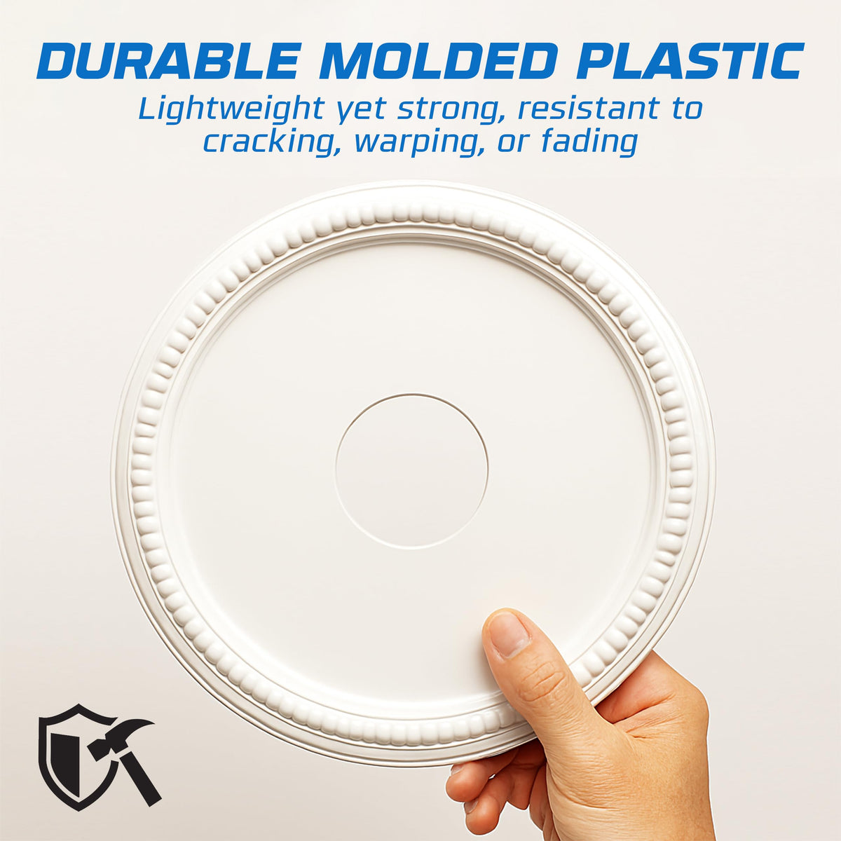 Ceiling Medallion (15.75′′ × 4′′ Center Hole) White Molded Plastic Beaded Medallion 15‐3/4′′ OD × 4′′ ID × 1′′ P.