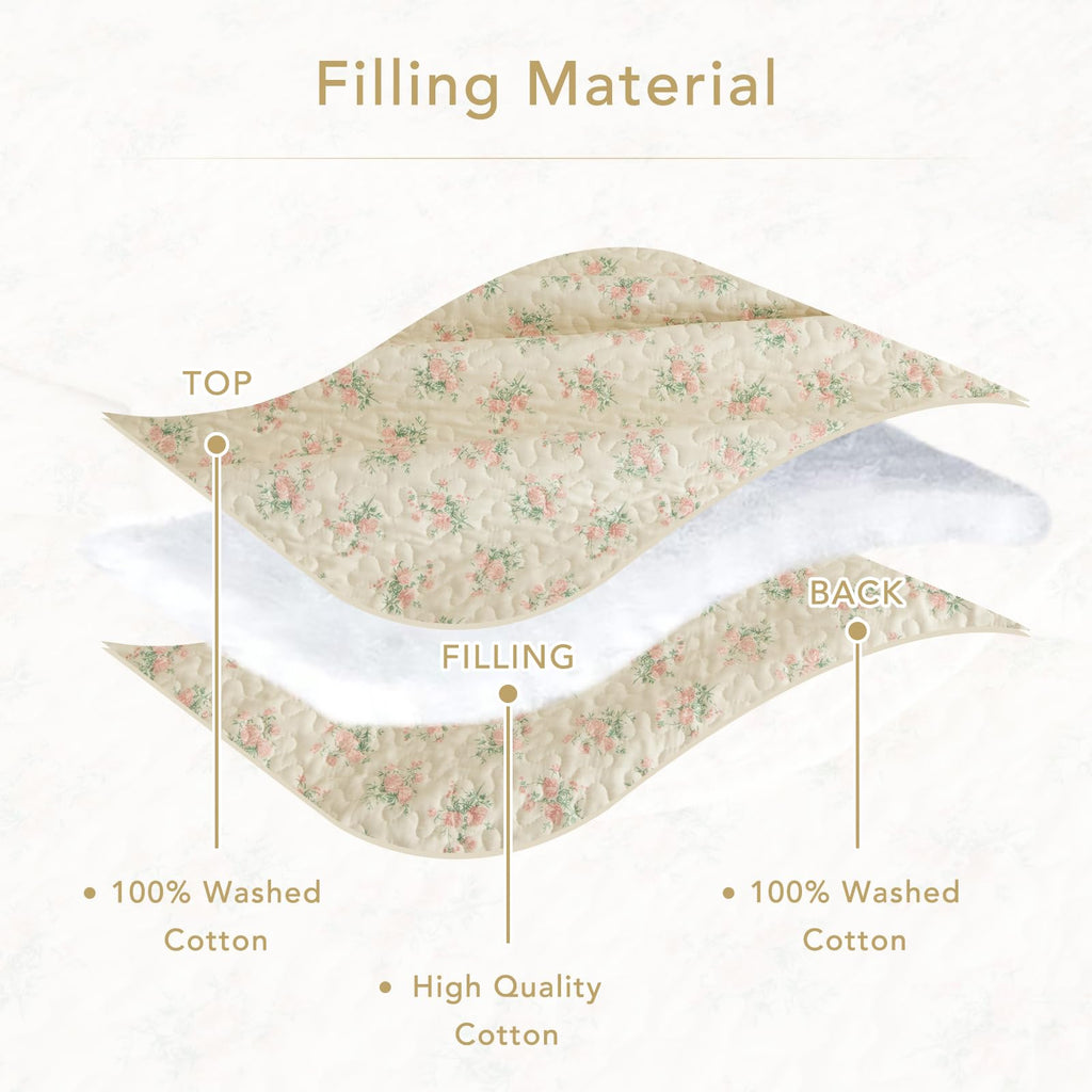 100% Cotton Quilt Set - Pink Flower Botanical Bedspread