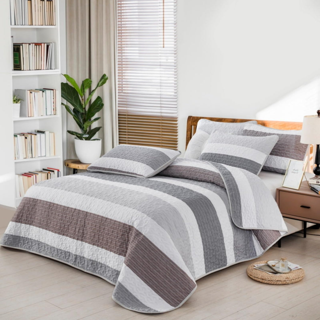 Classic Striped Quilt Set Grey White Brown Horizontal Stripe Bedding
