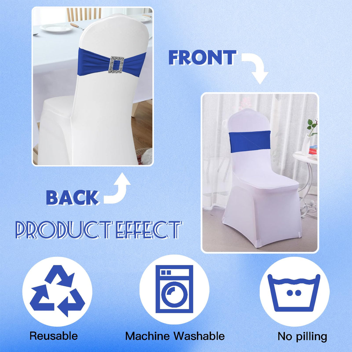 100 PCS Spandex Chair Sashes, Royal Blue Elastic Stretch Dining Chair Slipcovers with Buckle Slider for Wedding Party
