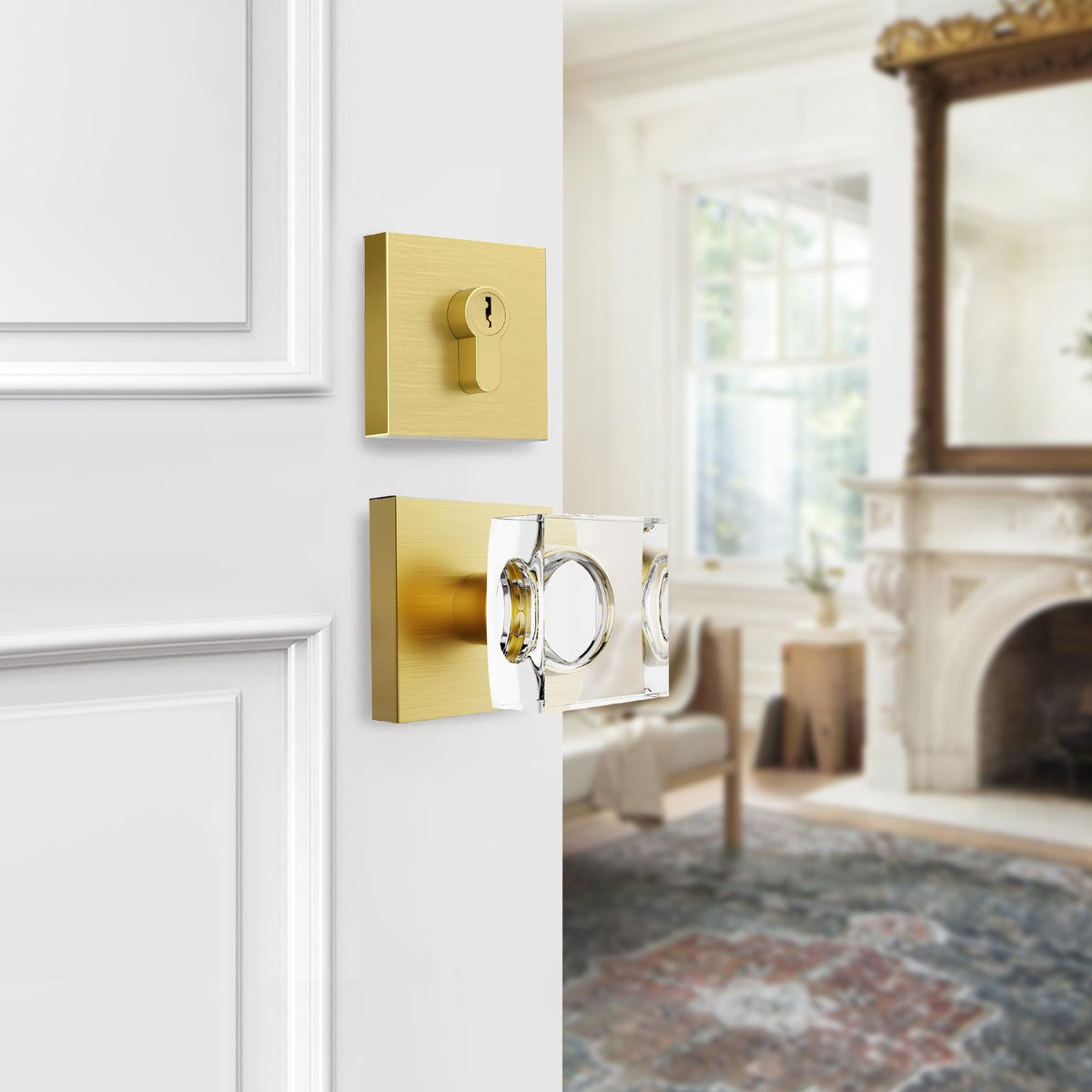 Crystal Glass Door Knob with Deadbolt, Brushed Gold Front Door Knob and Deadbolt Set, Satin Brass Exterior Door